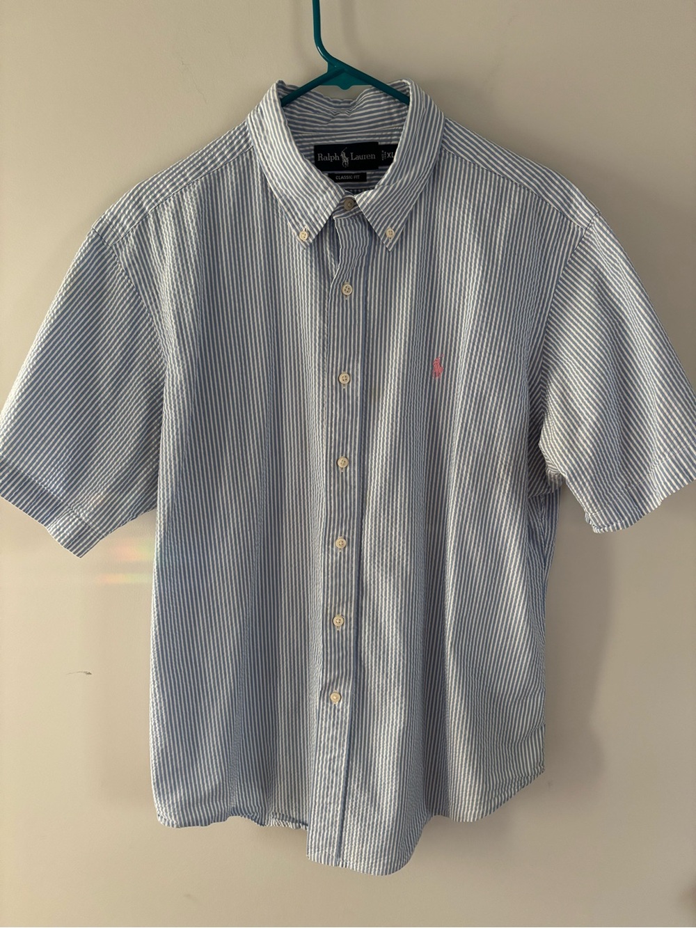 Ralph Lauren Mens XL Seersucker Shirt Short Sleeve Blue White Stripe Classic Fit